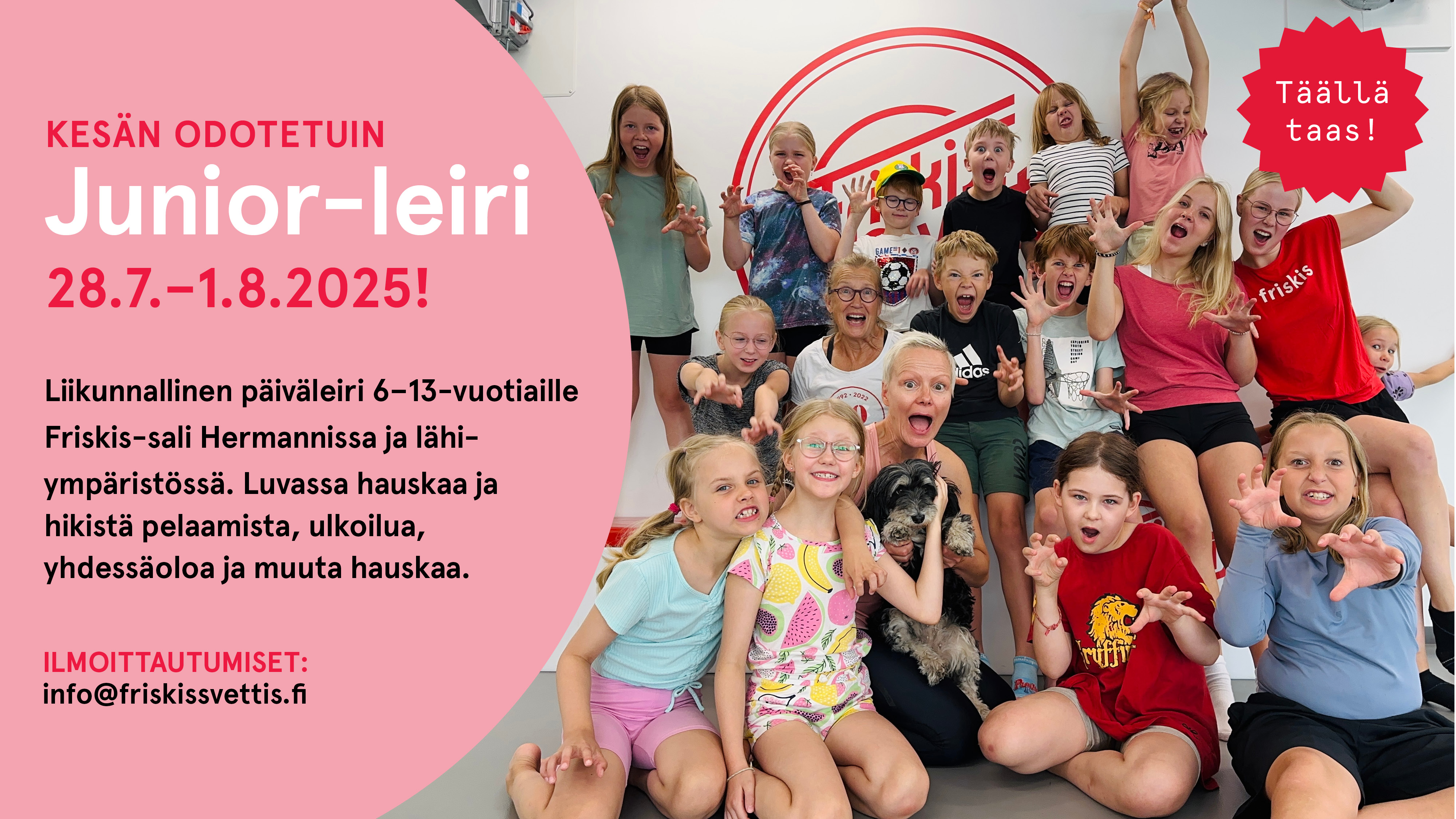 Junior-leirin mainosteksti ja ryhmäkuva joukosta iloisia lapsia ja aikuisia liikuntasalissa.
