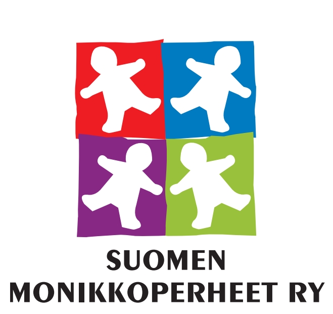 Suomen Monikkoperheet ry logokuva, neljänruudun neliö, joissa värit, lila, punainen, vihreä ja sininen ja jokaisessa piirrosukkeli.