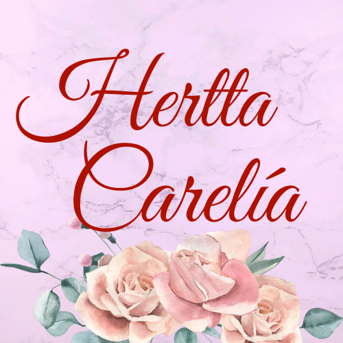 Hertta Carelía -teksti ja vaaleanpunaisia ruusuja