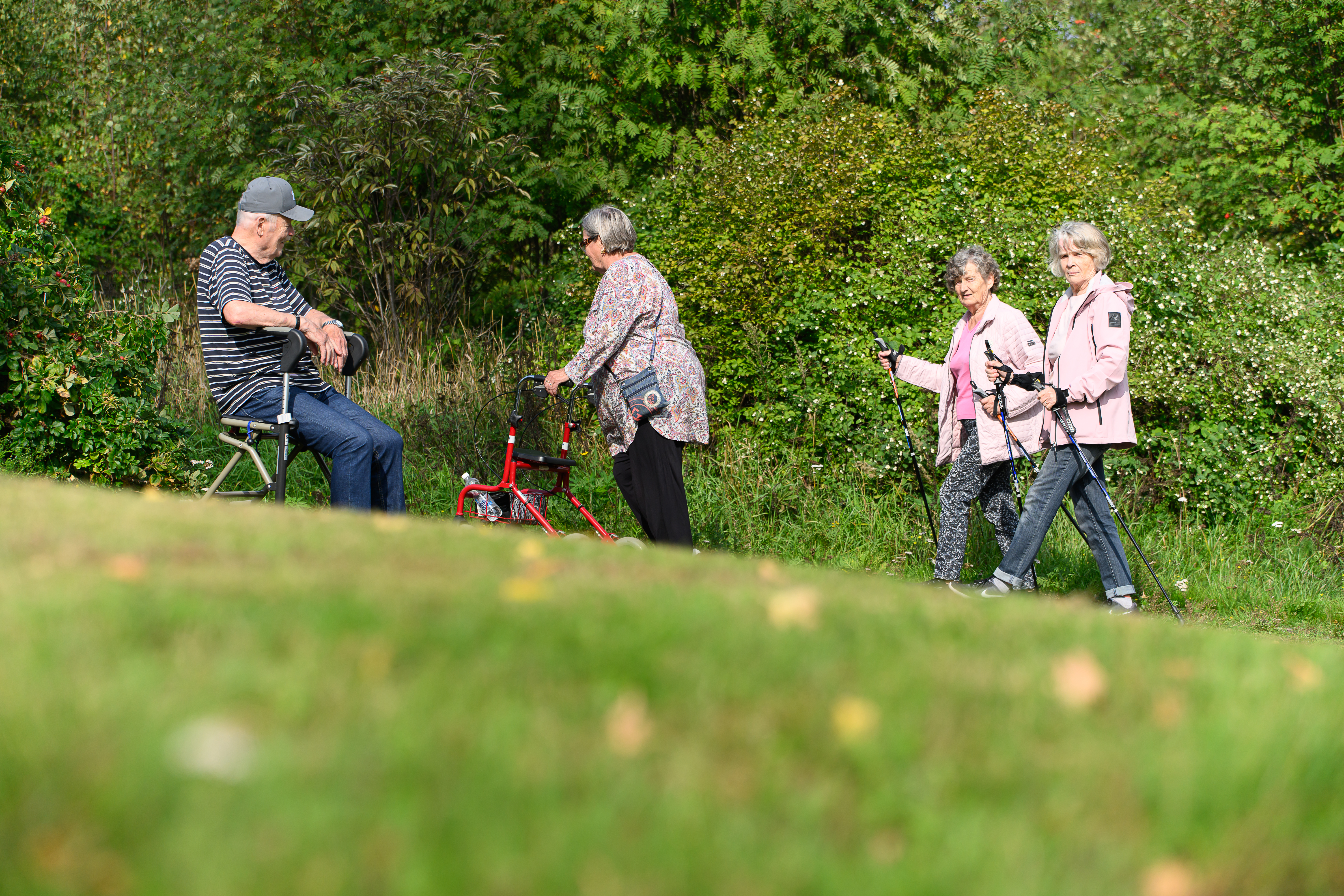 Neljä iäkästä kävelevät mäessä. Kahdella on rollaattori ja kahdella kävelysauvat.