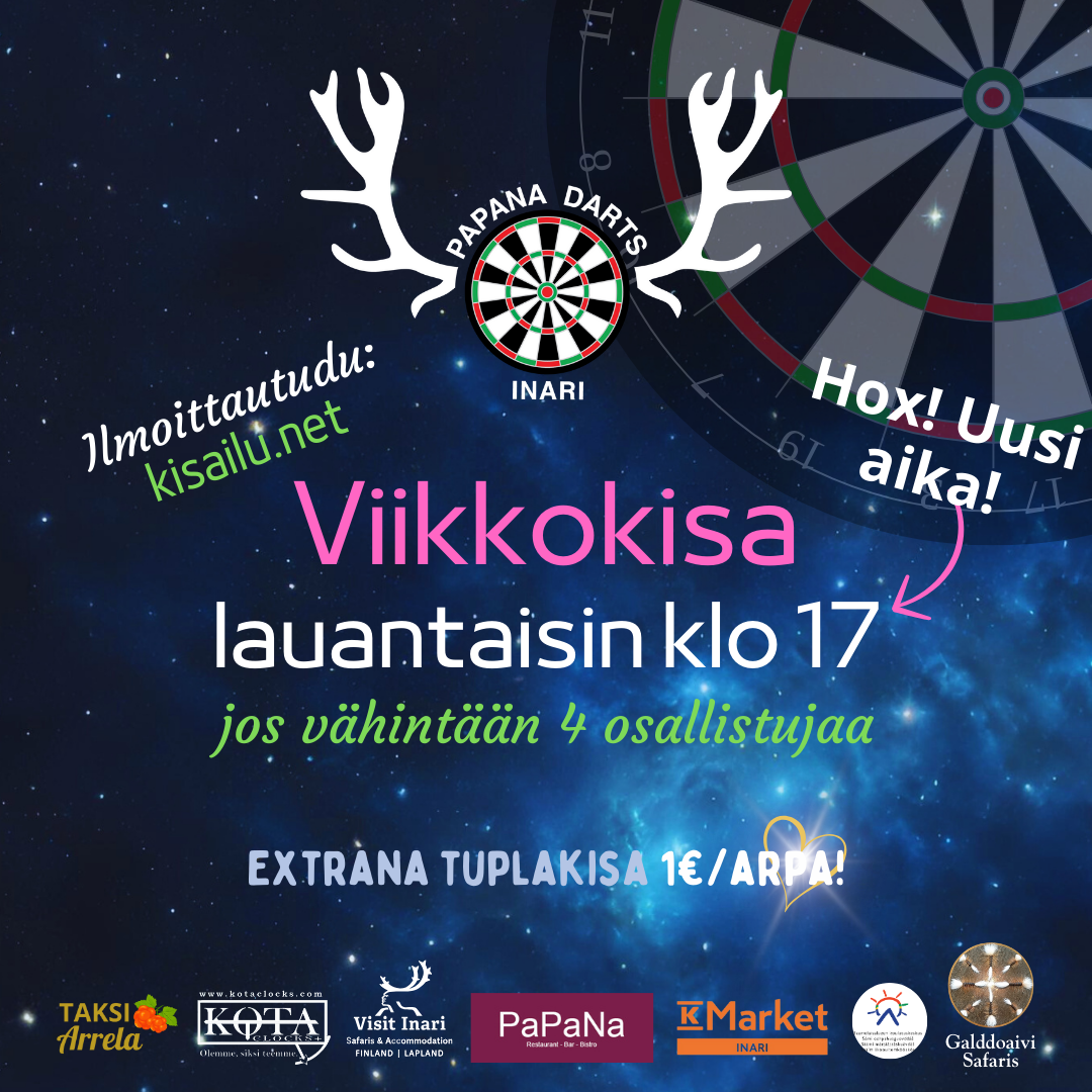 Papana Darts viikkokisat lauantaisin klo 17, jos vähintään neljä osallistujaa.