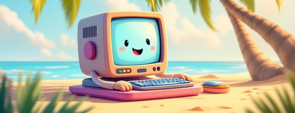 Illustration: A PC relaxing on summer vacation on a sunny sandy beach.
